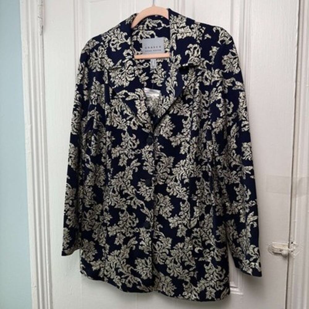 Susan Graver Metallic Print Knit Blazer Womens Medium Navy Blue Gold Formal New